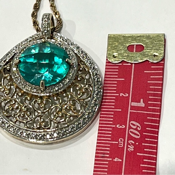 Sterling Silver Necklace with Green Rhinestone Pendant 30” Chain - Picture 9 of 10